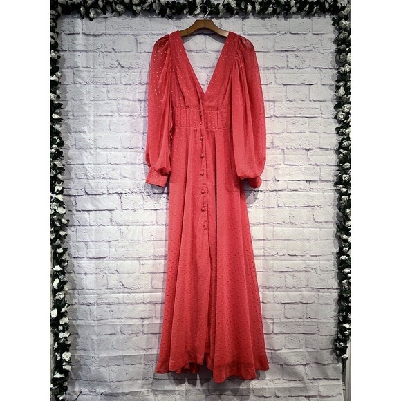 Kimberly Goldson Size XS Lesli Jacquard Long Sleeve Maxi Dress Coral Gold V Neck - Picture 3 of 16